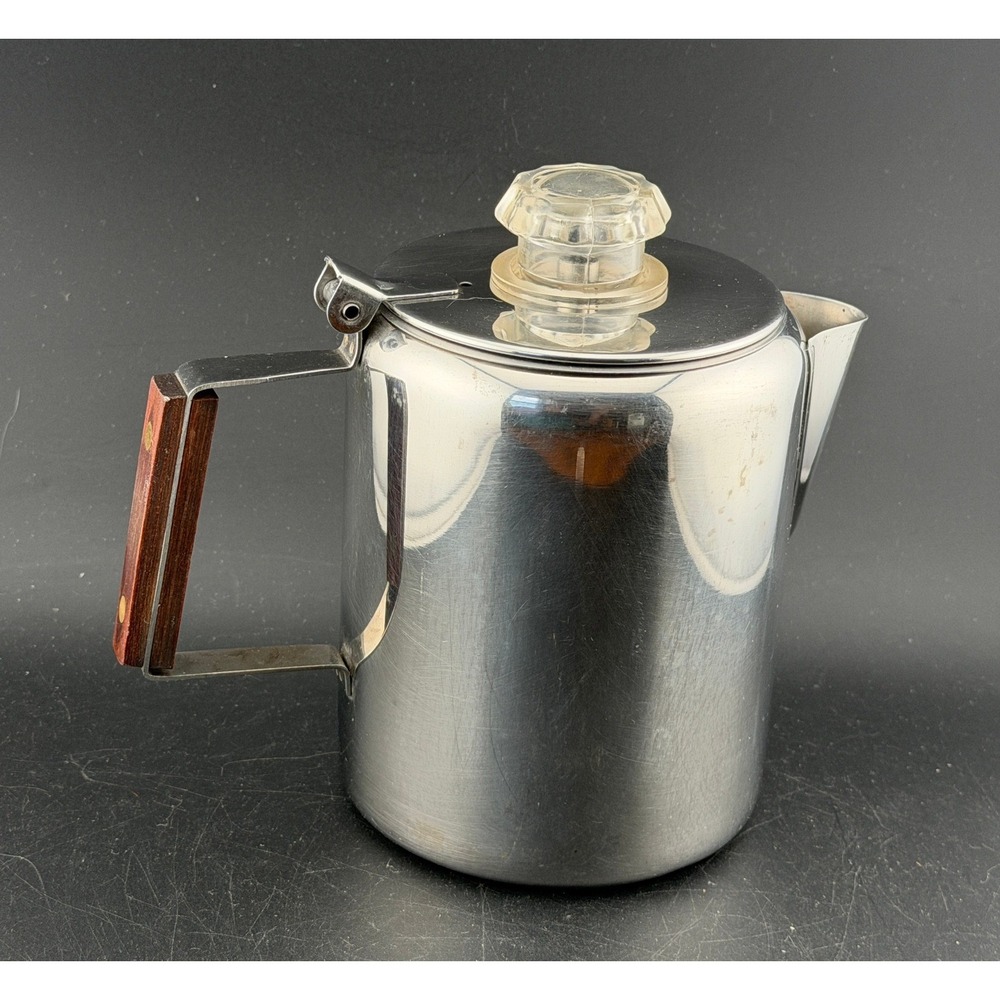 Vintage 18/8 Stainless Steel Stovetop Coffee Percolator with Wood Handle